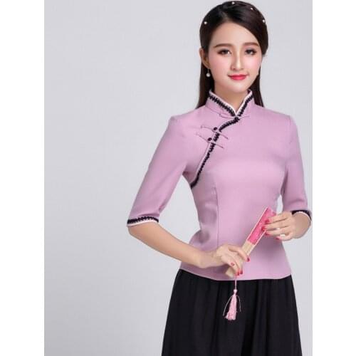 Sheng Coco Woman Chinese Tops Cheongsam Blouse Lace Middle Sleeve Cotton Flax Qipao Tops Solid Color Classic Hanfu Clothes S-3XL