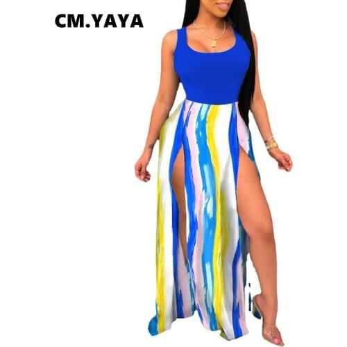 CM.YAYA Women Long Dress Striped Print Sleeveless O-neck Fit and Flare Splited Dresses Sexy Fashion Streetwear Summer Outfit
