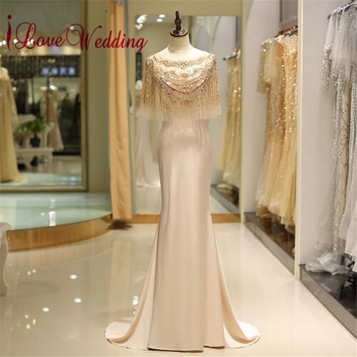 New Fashion Elegant Evening Dress Scoop Collar Sheer Champagne Crystal Beaded Half Sleeves Mermaid Trumpet Formal Evening Gowns