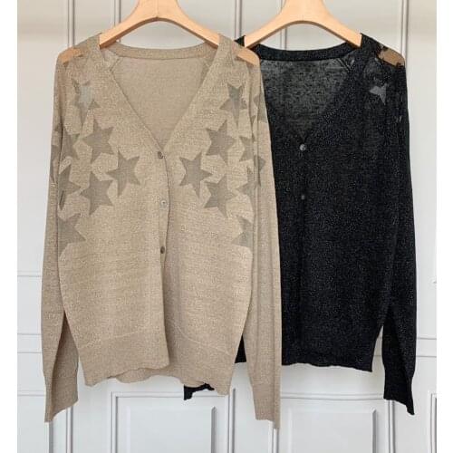 100% Linen Sweater Women Star Pattern V-neck Single Breasted Long Sleeve Loose Early Spring 2021 Thin Female Knit Cardigans