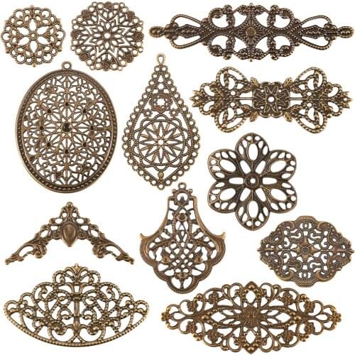 120pcs Mixed Shapes Filigree Joiners Links Retro Metal Hollow Charms Pendant Connectors for Jewelry Earrings Necklace Making