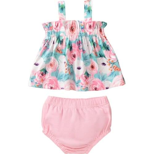 2Pcs Fashionable Little Girls Outfit, Summer Children Sweet Style Floral Printing Sleeveless Suspender Top + Solid Color Shorts