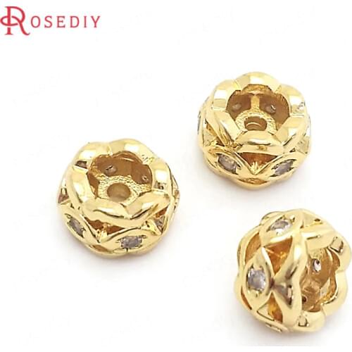 37829)6PCS 7MM 24K Gold Color Brass with Zircon Round Spacer Beads Bracelets Beads Jewelry Making Supplies Diy Accessories