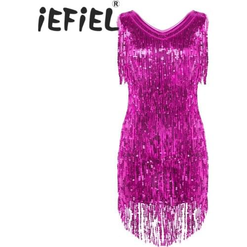 Sequins Women Ladies Girls V Neck Sleeveless Sparkling Tassels Ballroom Samba Tango Latin Performance Dancing Ballet Dress