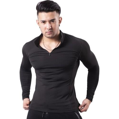 Men Elastic Quick Dry Tights Top Zipper Full Sleeve Black Undershirt Mens Sweat Suit Running Training