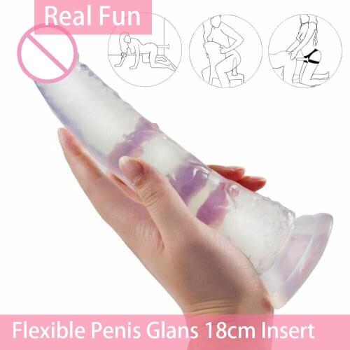 Flexible Penis Glans 18cm Insert Crystal Transparent Sucker Small Backyard Simulation Ass Plug For Female Masturbation