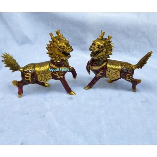 Art Collectible Chinese Old Cloisonne Bronze Carved 1 Pair Kirin Statue/Home Decoration Animals Sculpture Good Gifts