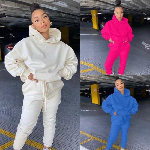 Casual Womens Sets Solid Hooded Sweatshirt Jogger Pants Suit Tracksuit Matching Two Piece Set Autumn Winter Outfits