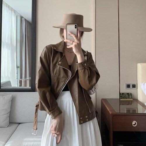 Women Black Faux PU Leather Jacket With belt Long Sleeve Vintage Biker Jackets Short Zip Spring Autumn Punk Street Leather Coat