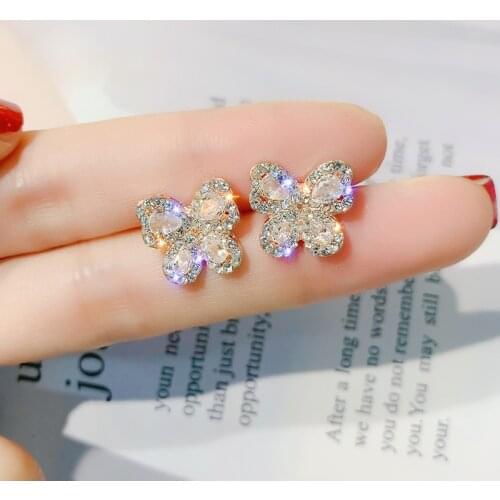 JUWANG Fashion White Gold Color Butterfly Stud Earring Bling Exquisite Tiny Zircon Butterfly Earring Best Birthday Gift Jewelry