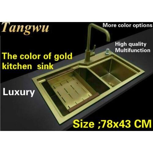 Free shipping Standard deluxe gold color kitchen manual sink double groove durable 304 stainless steel hot sell 78x43 CM