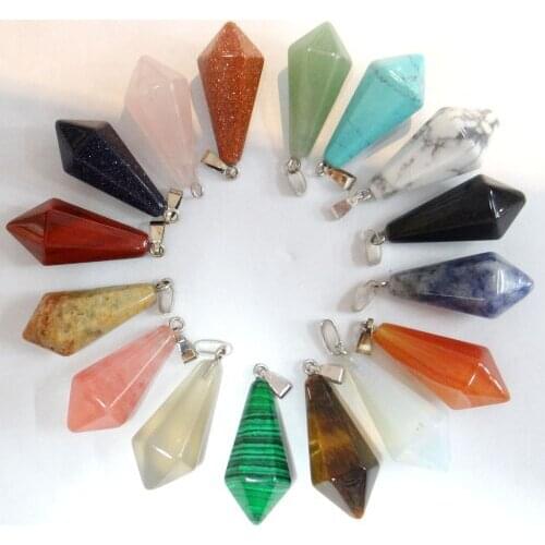 Natural Stone Turquoise Quartz Crystal Tiger Eye Lapis Pendulum Hexagonal Pyramid Pendant For DIY Jewelry Making Necklace 12Pcs