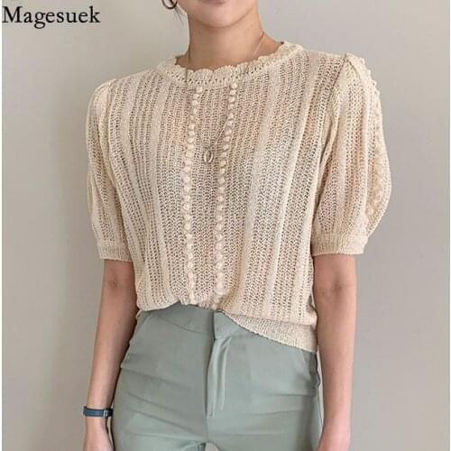 Summer Sweet Womens Knitting 2021 New Office Lady Hollow Out Sweaters Tops High Quality Loose Gentle Slim Pullovers Blusa 15678