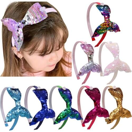 Rainbow Mermaid tail Pearls Headbands Hair Accessories Reversible Sequins Hair Bands Headwear for Girls Mermaid Party Headdress