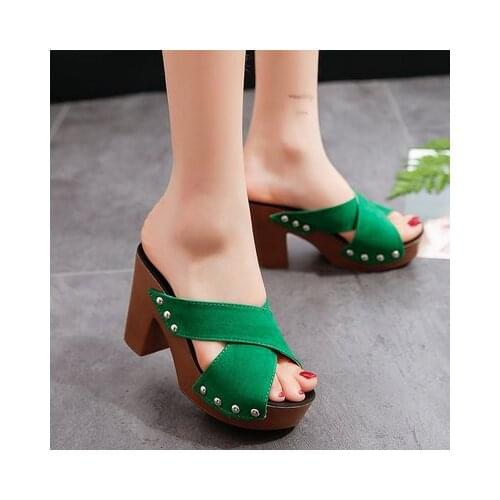 Summer Women Sandals Square High Heel Platform Flock Casual Rivet Pumps Peep Toe Female Elegant Ladies Shoes Zapatos De Mujer