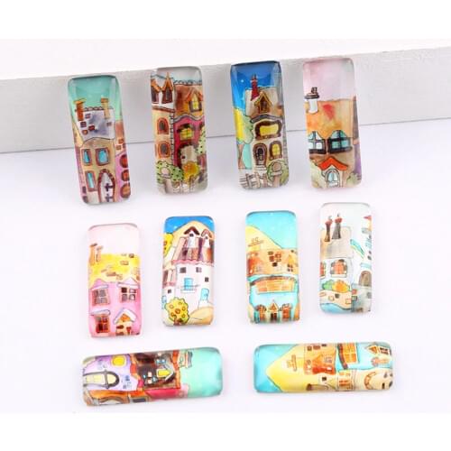 Onwear 20pcs mix cartoon house photo rectangle cabochon 10x25mm glass jewelry cameo findings for earrings pendants