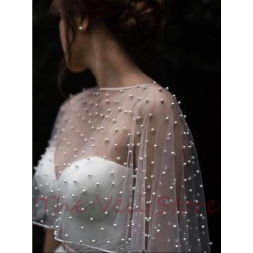 White Ivory Pearls Tulle Bridal Wedding Capes Boleros for Evening Party Shawl Capes Chales de fiesta mujer novia Asymmetric
