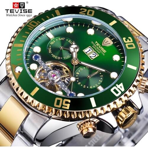 TEVISE Green Dial Tourbillion Gold Bezel Mens Luxury Business Automatic Mechanical Watch Top Brand Luxury Reloj Hombre Calendar