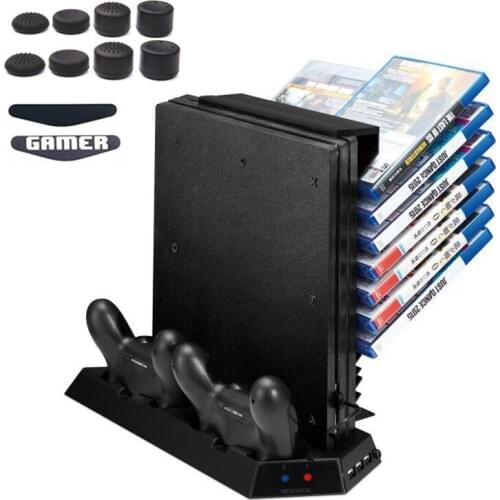 Vertical Stand for PS4 Pro Console- Cooling Fan Controller Charging Dock Station with Game CD Storage and Dualshock Charger