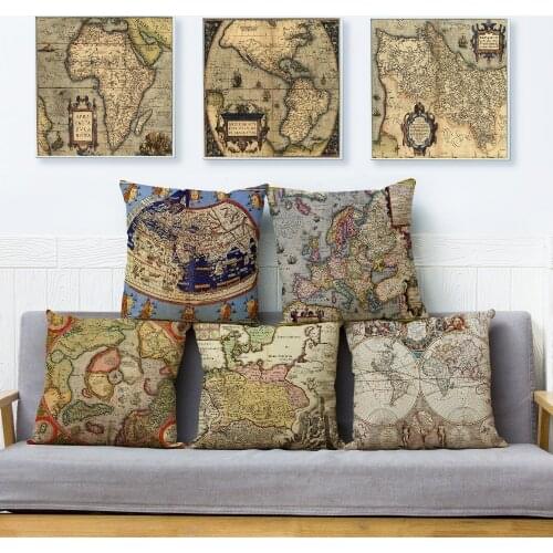 Vintage Old Map Print Cushion Cover 45*45 Square Pillow Covers Beige Linen Throw Pillows Cases Sofa Home Decor Pillowcase