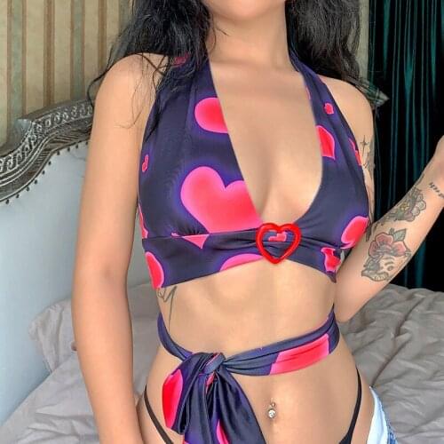 SEASONS Heart Print V Neck Backless Sexy Crop Top Women Backless Halter Tanks Camis Tops Tees Summer Lace Up Camisole ASVE83242