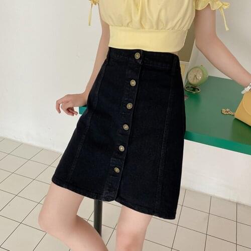 LY VAREY LIN Summer Women A-line Retro Solid Color Jeans Short Skirts Casual Female High Waist Single Breasted Black Denim Skirt