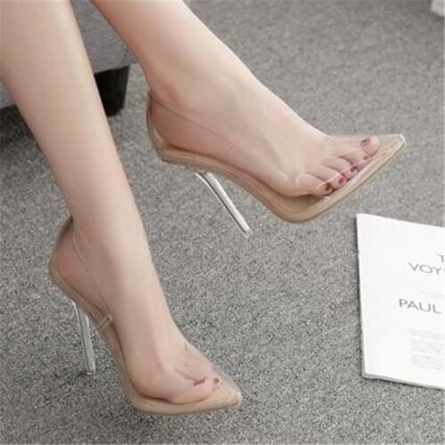 Women sandals PVC Slip On 11.5cm Thin Heels High heels Pointed Toe Shallow women shoes sandalias mujer 2020 size 35-42 Beige