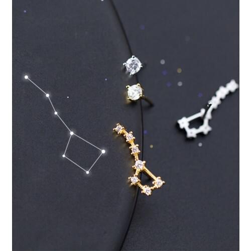 MloveAcc 925 Sterling Silver Shiny Big Dipper Wain Stud Earrings for Girls Fashion Crystal Zircon Asymmetric Earrings Women