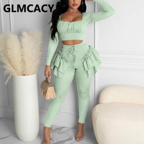 Two Piece Sweet Suits Long Sleeve Square Neck Crop Top & Slim Pants Set