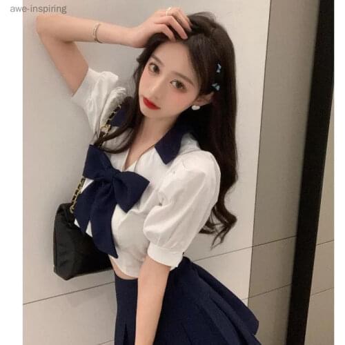 Two Piece Set Mini Skirt Sexy 2021 Sweet Cute Lovely Summer Short Versatile High Waist Pleated Lolita Bow Fashion Women Set