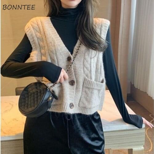 Sweater Vest Women Pockets Solid College All Match V-Neck Sleeveless Elegant Female Single Breasted Leisure Fashion Popular New