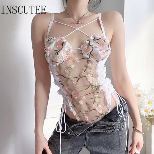 Inscutee Fairycore Florals Bodysuit Women Streetwear Sexy Y2k Cottagecore See Through Strapless Hollow Out Bandage Slim Rompers