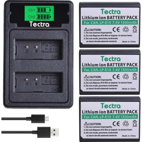 Tectra 3pc LP-E10 LP E10 LPE10 Camera Battery+LCD Dual Charger with Type C Port for Canon EOS 1100D 1200D 1300D 2000D
