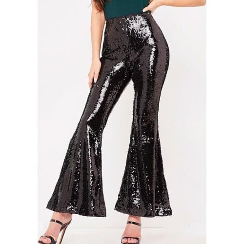 Spring Autumn Black Sequin Pants Women High Wasit Slim Full Length Sparkly Trousers Female High Street Solid Casual Flare Pants