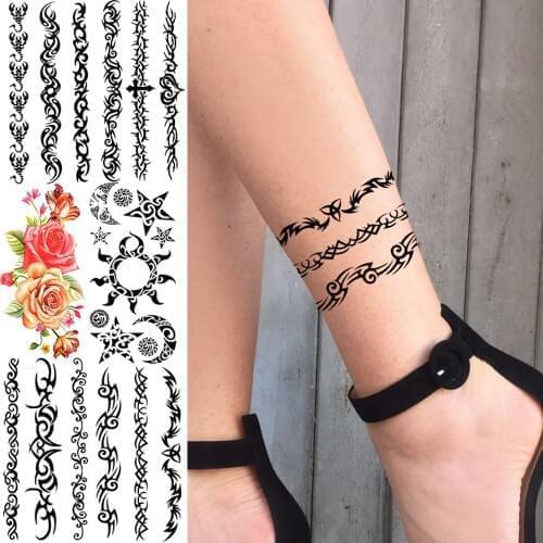 Black Tribal Totem Temporary Tattoos For Women Men Realistic Indian Tattoo Scorpion Sun Star Moon Rose Fake Sexy Thigh Arm Tatoo