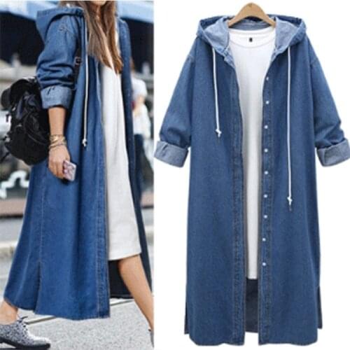 Long Denim Trench Coat Solid Lace-up Ladies Jacket Women Spring New Ladies Denim Windbreaker Pure Color Denim Jacket Gown