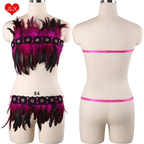 JLX.HARNESS Women Sexy Lingerie Exotic Apparel Feather Bondage Harness Set Goth Punk Body Harness Fetish Crop Top Cage Bra