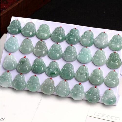 Natural Jadeite Oil Blue Female Pendant Carved Smile Maitreya Buddha Jade Drop Jade Necklace