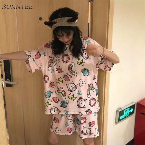 Pajama Sets Women Summer Fresh Kawaii Rainbow Printed Ins Breathable Femme Nightwear Trendy Comfortable Loose Girls Sleepwear