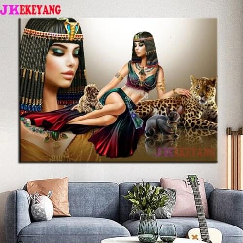 Full Square Round Diamond Embroidery DIY Diamond Painting Egyptian woman and leopard Cross Stitch kit mosaic Y4505