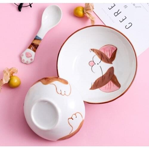 Cartoon childrens ceramic cute cat tableware rice bowl cute student creative snack household bowl plate dinner plates