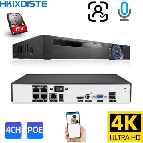 H.265 4CH 4K 8MP 48V POE Face Detection NVR Audio Out Surveillance Security P2P Video Recorder For POE CCTV System Support ONVIF