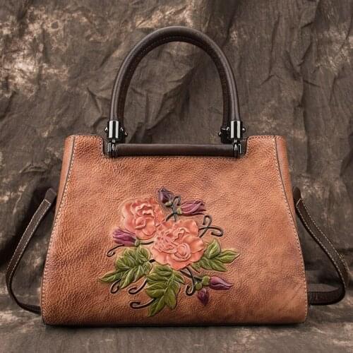 Vintage Floral Genuine Leather Luxury Handbag 2021 Summer Handmade Embossing Women Bag Leisure First Layer Cowhide Shoulder Bags