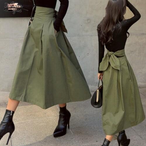 2021 Autumn New Skirts Womens Korean Fashion Solid Color Big Swing Ladies Skirt Long Skirt Wild High Waist Bow Slim Skirts 9763