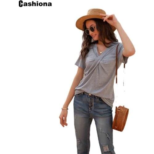 Women Elegant Leisure Casual T-shirt Gray Black Long Sleeve V-neck Tshirt Plus size Femme Top 2021 Summer Cri-cross Tees shirt