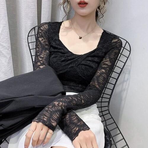 Women Spring Summer Style Lace Blouses Shirts Lady Casual Long Sleeve V-Neck Lace Blusas Tops ZZ0156