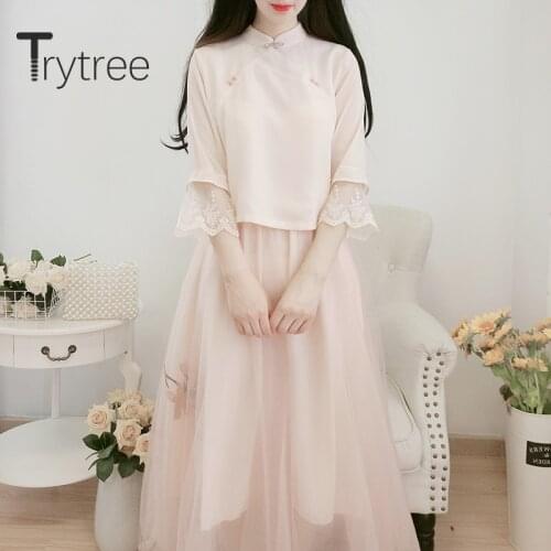 Trytree 2020 Spring Summer Women two piece Set Casual Stand Collar Lace Flare Sleeve Tops + Dress Fashion Mesh Set 2 Piece Set