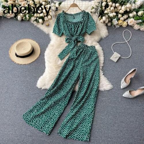 Women Summer Chic Korean Suit Sexy O Neck Chiffon Short Tops+High Waist Wide Leg Split Long Pants Two Piece Set