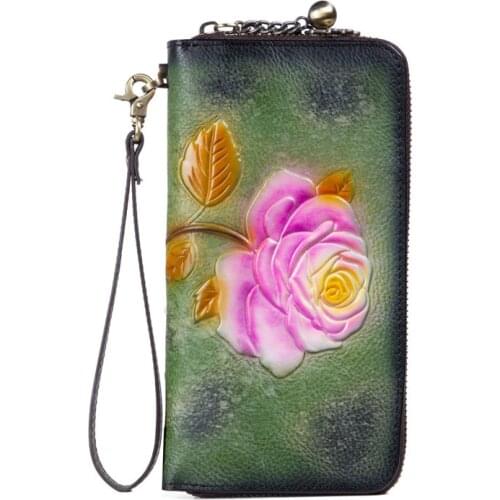 Genuine Leather Womens Vintage Long Wallet Fashion Clutch Full-Grain Leather Retro Zipper Bag Handbag