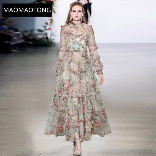 Fashion Designer Dress Spring Womens Dress Lantern Sleeve Mesh Print Cascading Ruffle Vacation Ball Gown Dresses